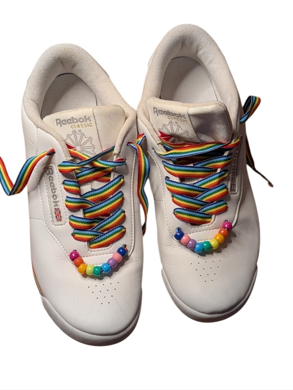 Reebok Classic White Leather Sneakers Rainbow Laces Pride Beads Size 8 Trainers